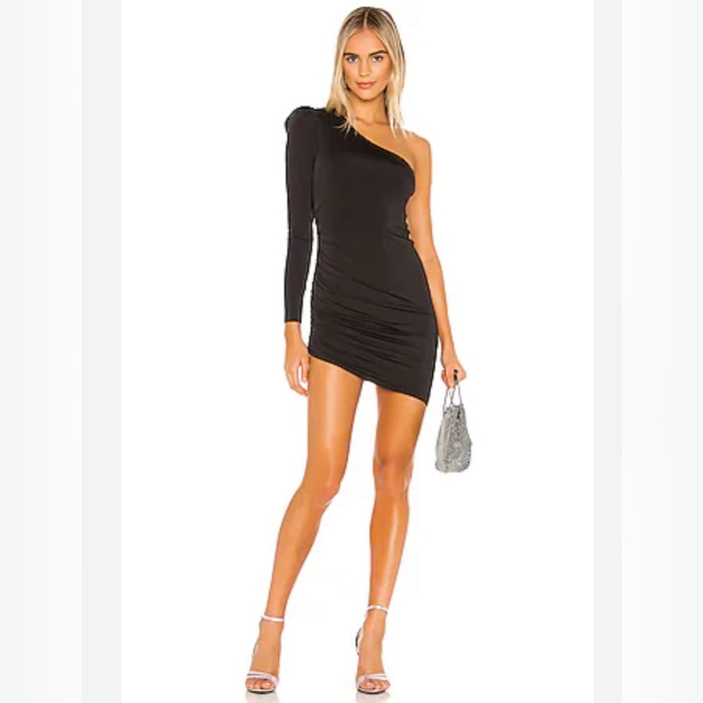 Lovers + Friends Kenia Mini Dress Black One Shoulder Ruched Bodycon